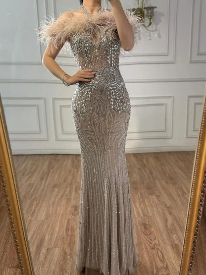 Luxury Nude Halter Feather Crystal Evening Dress LA73349 - SERENE HILL
