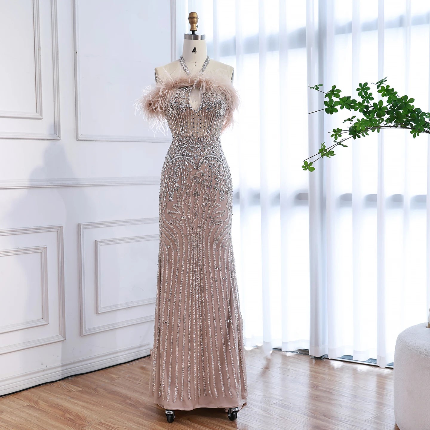 Luxury Nude Halter Feather Crystal Evening Dress LA73349 Nude / 6