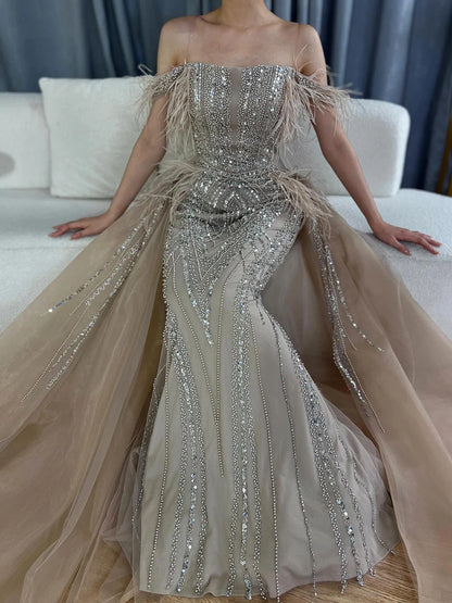 Luxury Dubai Blue Mermaid Gown Luxury Feathers Beaded Saudi Evening Dress with Overlay Skirt for Formal Occasion LA72727 - SERENE HILL