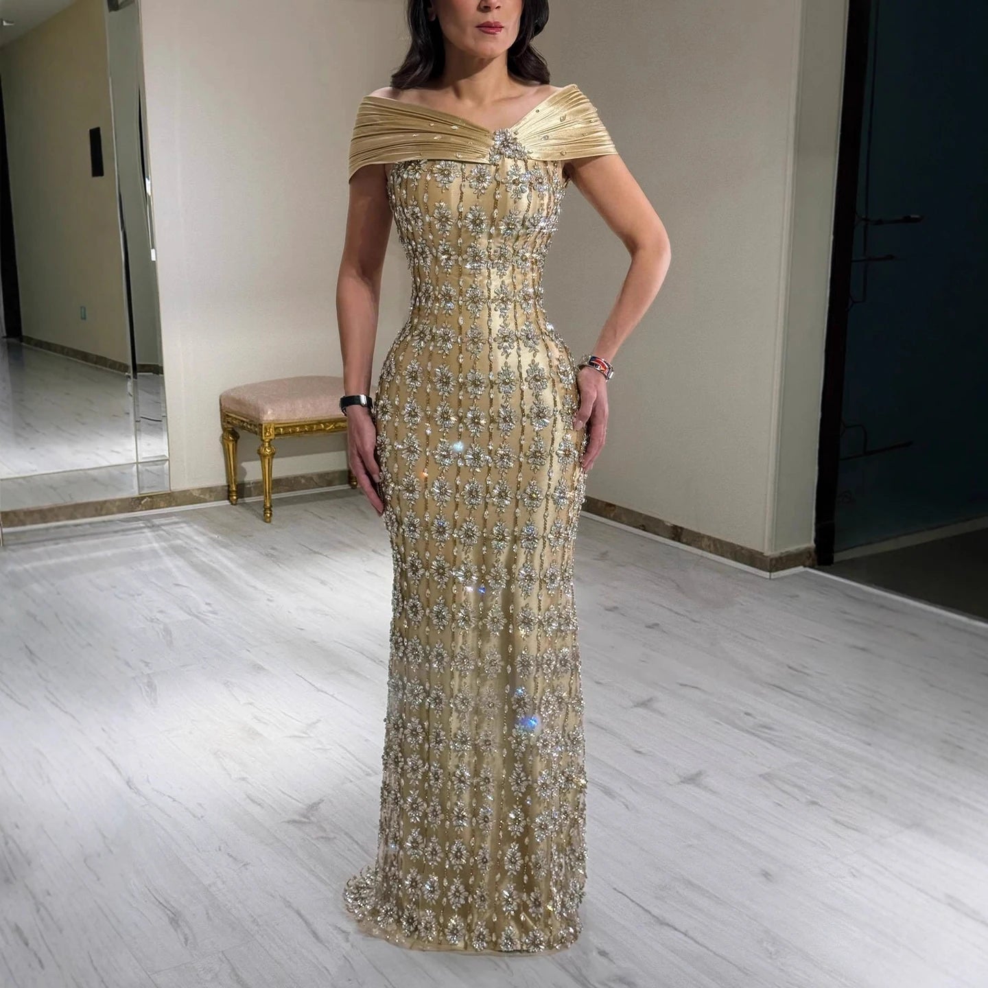 Luxury Gold Arabic Ruffles Evening Dress LA73362 - SERENE HILL