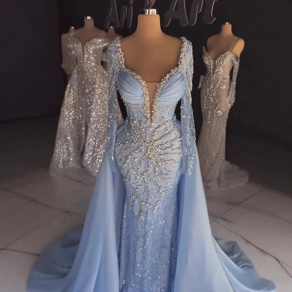 Luxury Muslin Blue hijab Evening Dress With Long Sleeves LA72963 - SERENE HILL