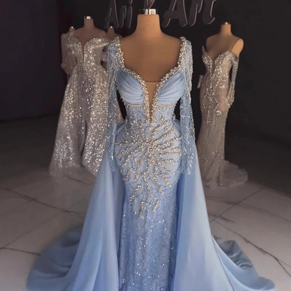 Luxury Muslin Blue hijab Evening Dress With Long Sleeves LA72963 - SERENE HILL