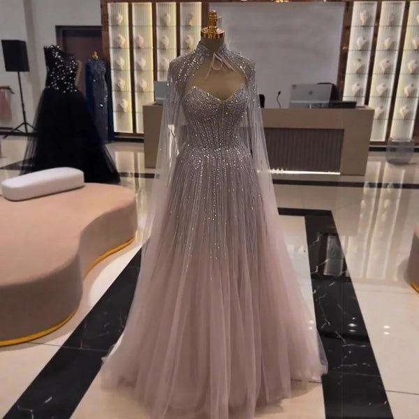 Luxury Pink Strapless Tulle Beaded A-Line Evening Dress LA73104