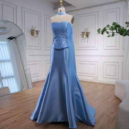 Luxury Blue Satin Mermaid Evening Dress with Long Scarf LA72831 - SERENE HILL
