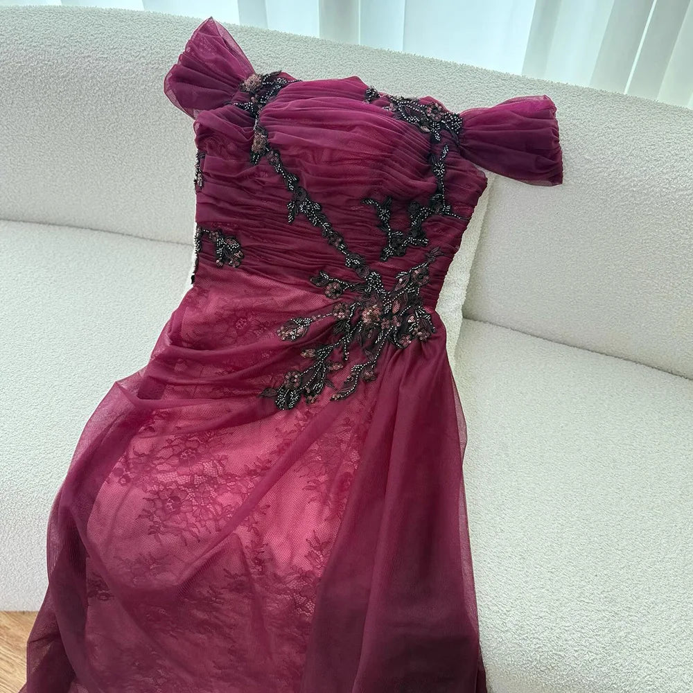 Elegant Wine Red Off Shoulder Lace Evening Dress with Appliques LA73010 - SERENE HILL