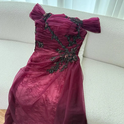 Elegant Wine Red Off Shoulder Lace Evening Dress with Appliques LA73010 - SERENE HILL