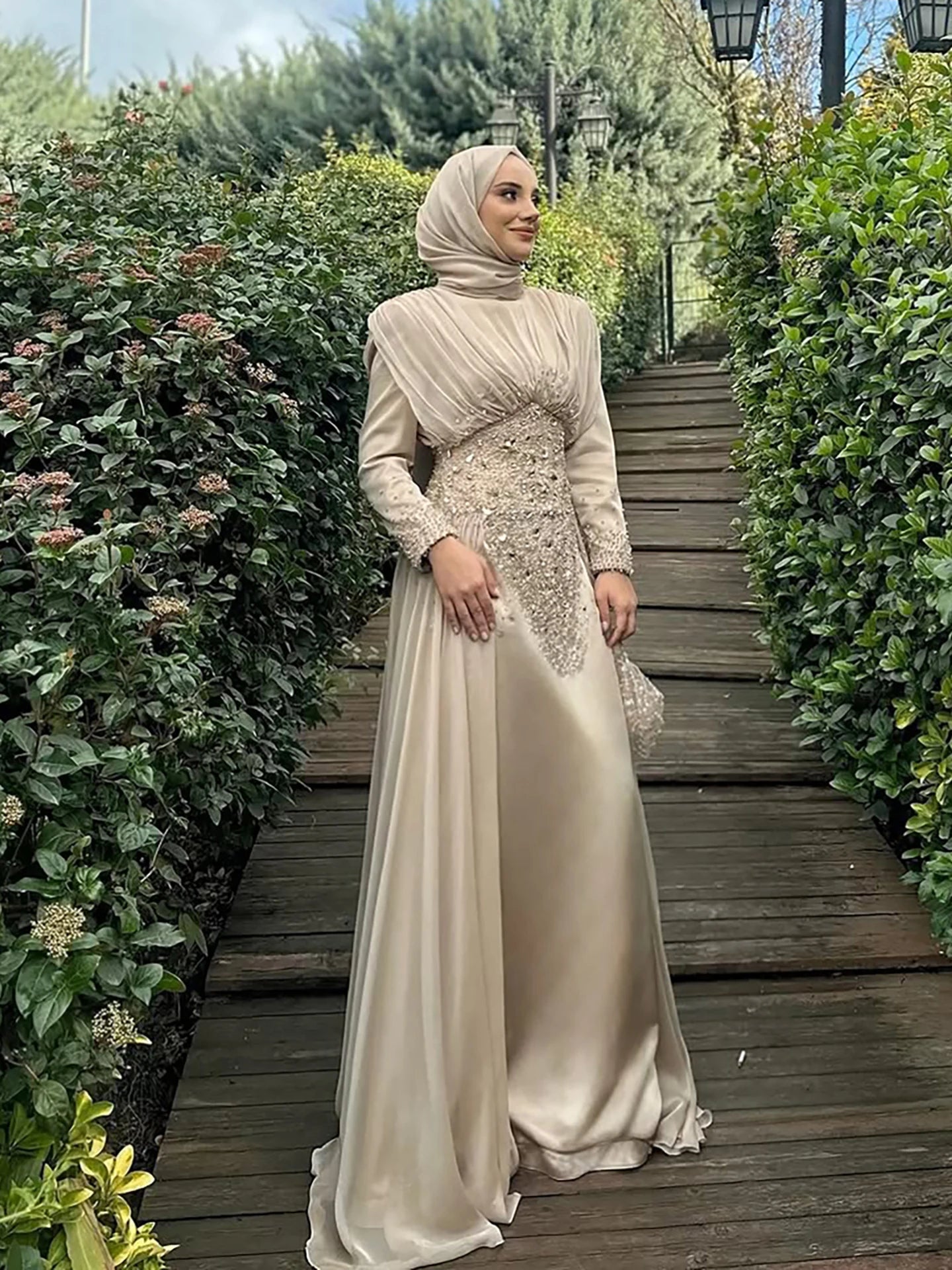 Luxury Caramel Crystal Beaded Mermaid Muslim Evening Dress LA73427 - SERENE HILL