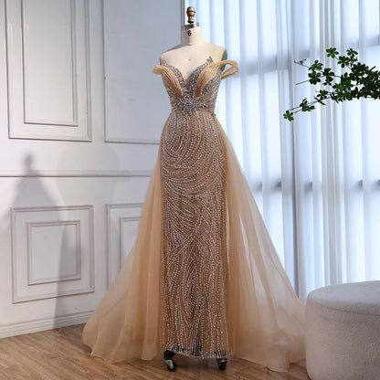 Luxury Nude Mermaid Off Shoulder Beaded Evening Dress with Overskirt LA73131 - SERENE HILL