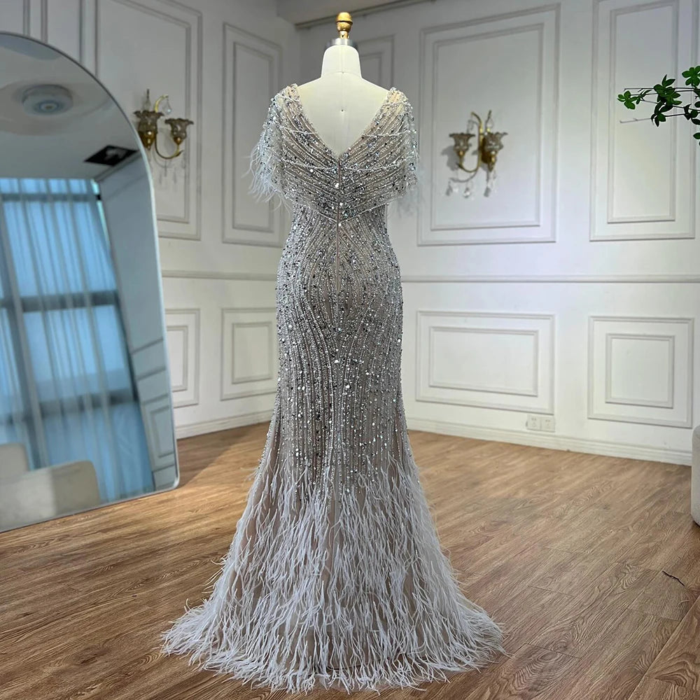 Luxury White Nude Beaded Feather Mermaid Evening DressLA72837 - SERENE HILL