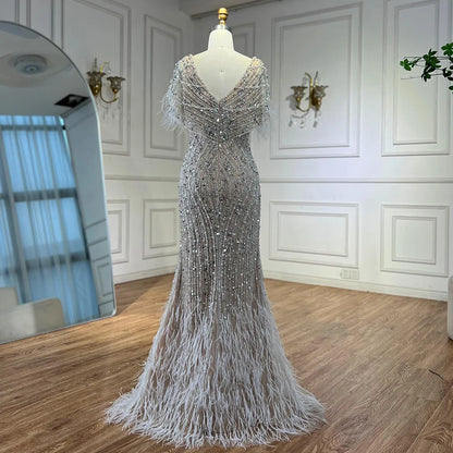 Luxury White Nude Beaded Feather Mermaid Evening DressLA72837 - SERENE HILL