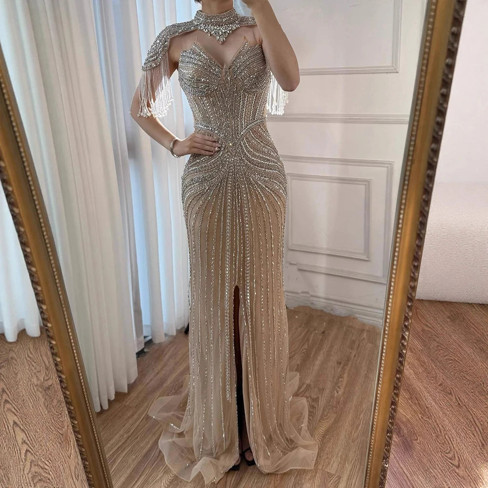 Nude Mermaid Evening Dress with Detachable High Neck Tassel LA72891A - SERENE HILL