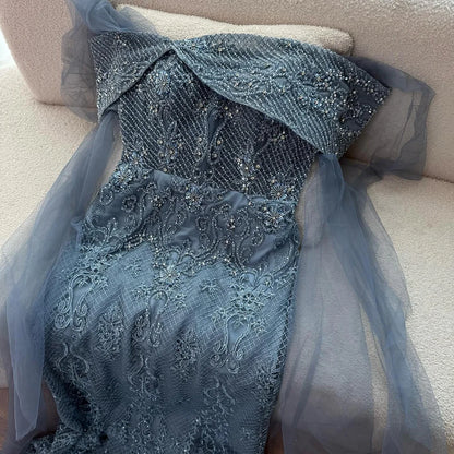Luxury Blue Lace Off Shoulder Evening Dress for Women LA73125 - SERENE HILL