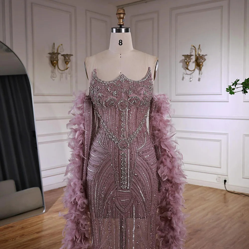 Luxury Caramel Beaded Evening Dress with Feather Sleeves LA73055 - SERENE HILL