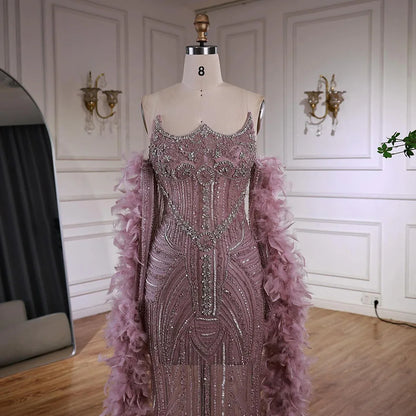 Luxury Caramel Beaded Evening Dress with Feather Sleeves LA73055 - SERENE HILL