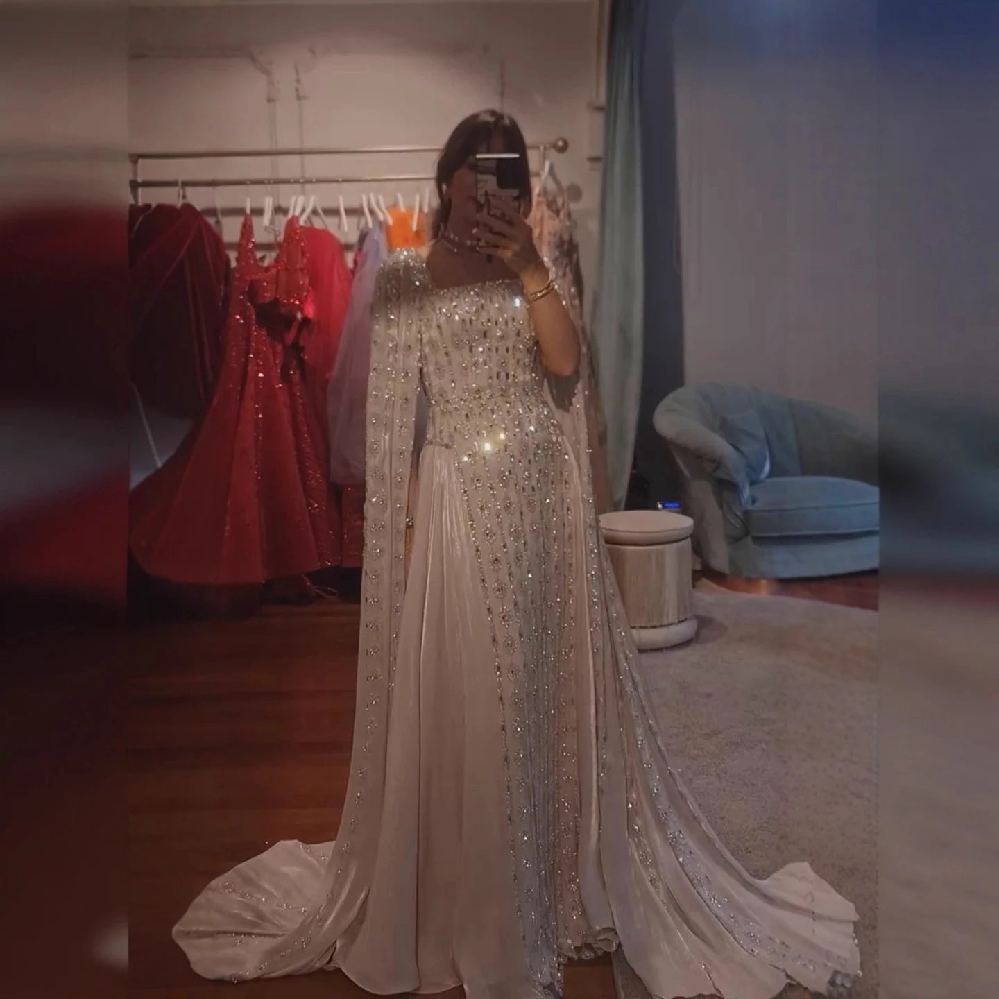 Luxury Silver Dubai Crystal Evening Dress with Cape LA73272 - SERENE HILL