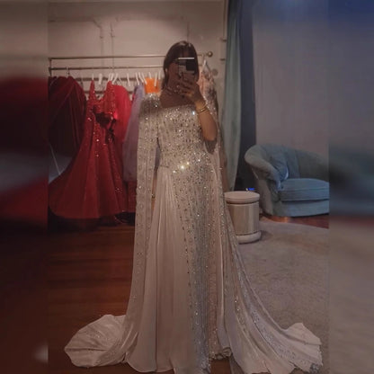 Luxury Silver Dubai Crystal Evening Dress with Cape LA73272 - SERENE HILL