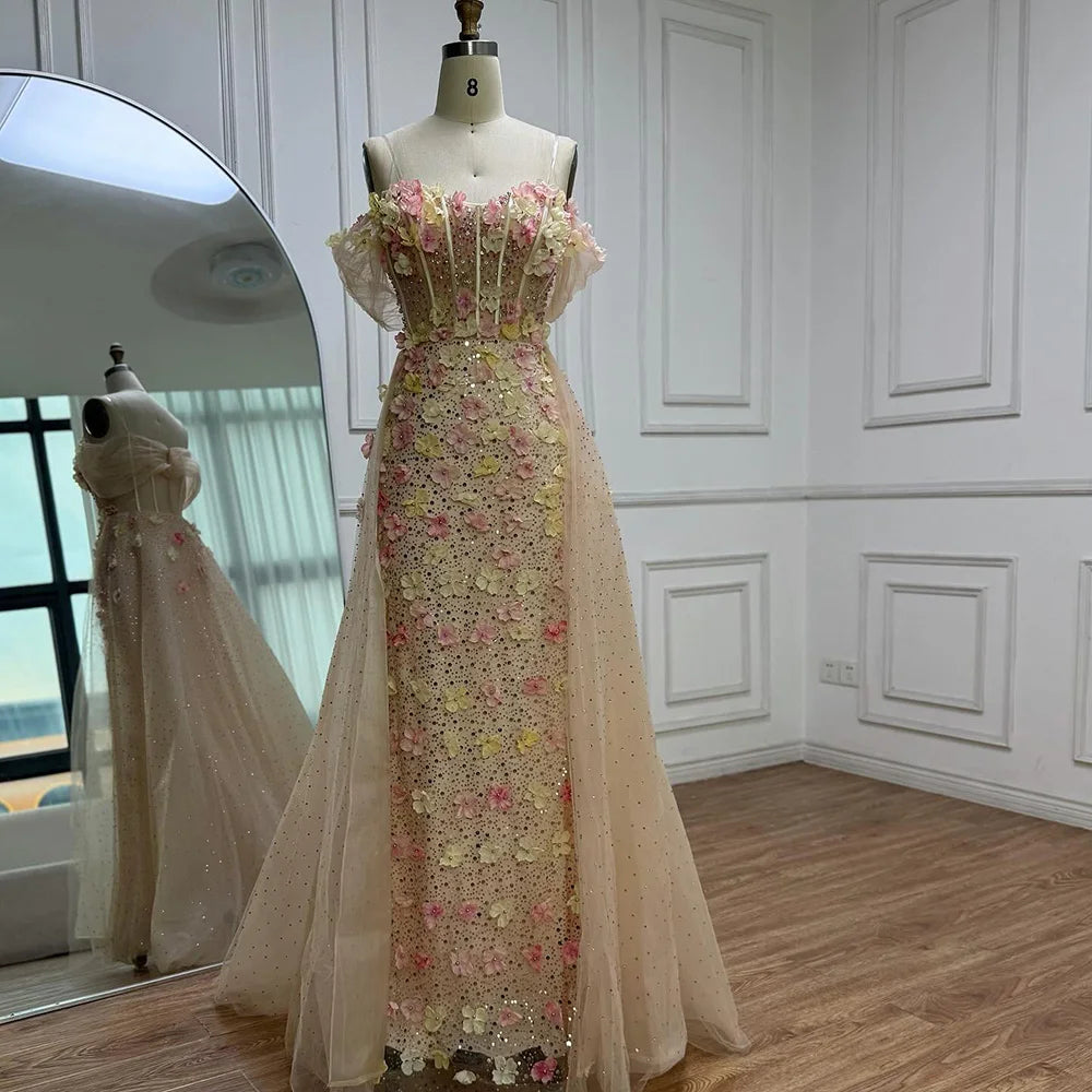 Luxury Nude Floral Beaded Off-Shoulder Evening Dress with Overskirt LA72861 - SERENE HILL