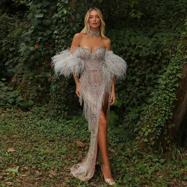 Luxury Silver Nude Mermaid Evening Dress with Beaded Tassel LA72083