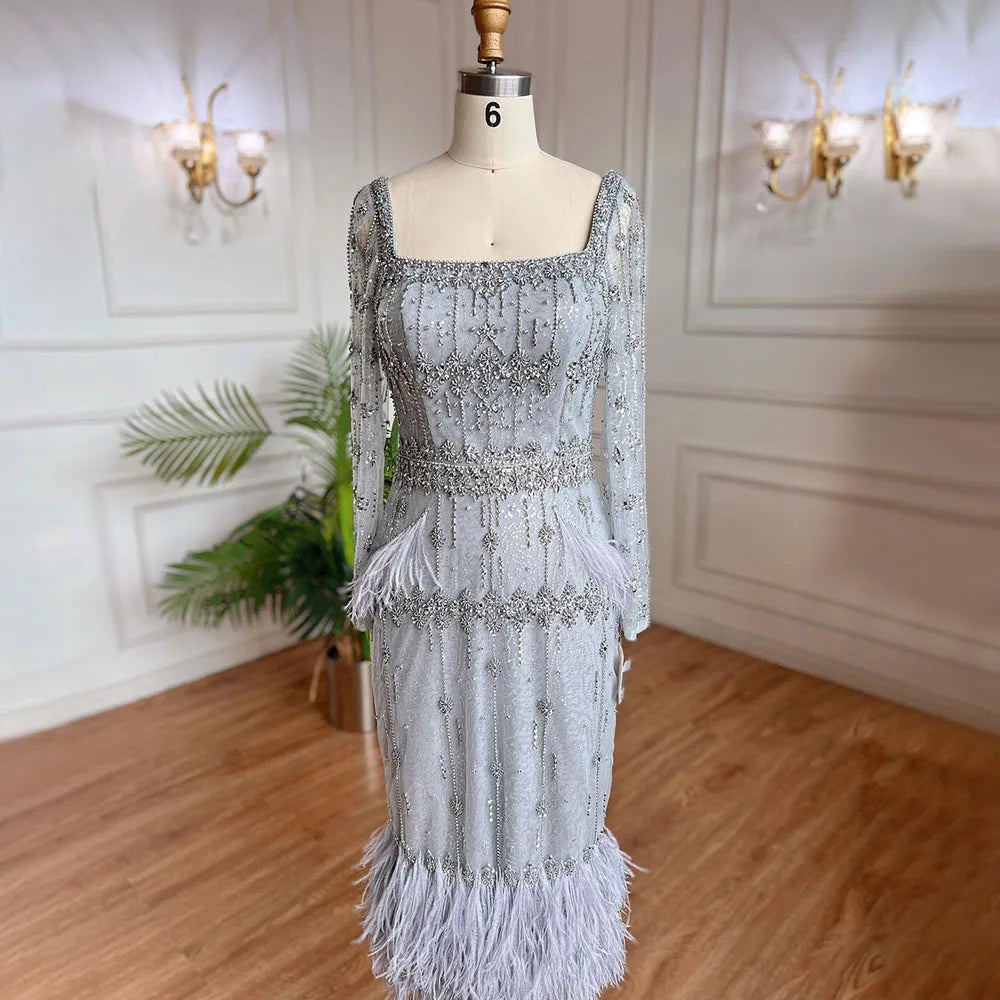 Silver Gray Mermaid Tea Length Evening Dress with Feathers LA71669L - SERENE HILL