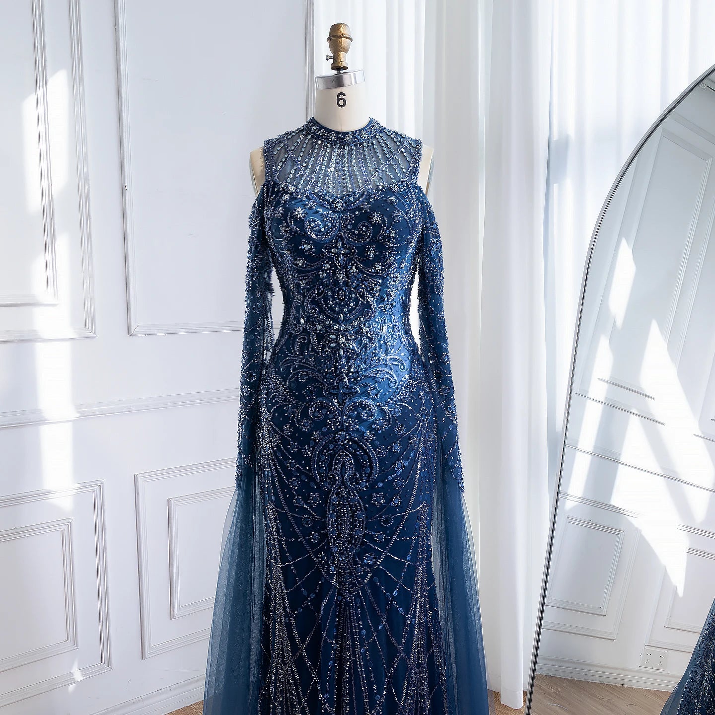 Luxury Dubai Navy Blue Beaded Lace Evening Dress with Cape Sleeves LA73323 - SERENE HILL