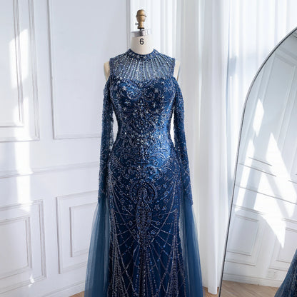 Luxury Dubai Navy Blue Beaded Lace Evening Dress with Cape Sleeves LA73323 - SERENE HILL