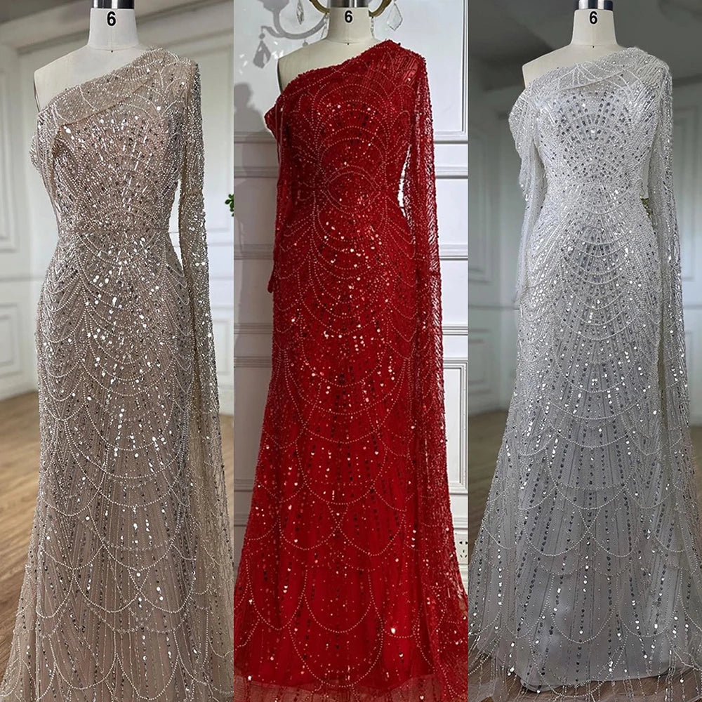 Luxury Nude Mermaid One-Shoulder Pearls Beaded Evening Dress LA72139 - SERENE HILL