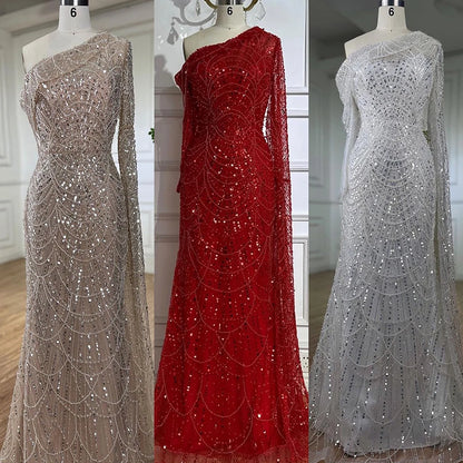Luxury Nude Mermaid One-Shoulder Pearls Beaded Evening Dress LA72139 - SERENE HILL