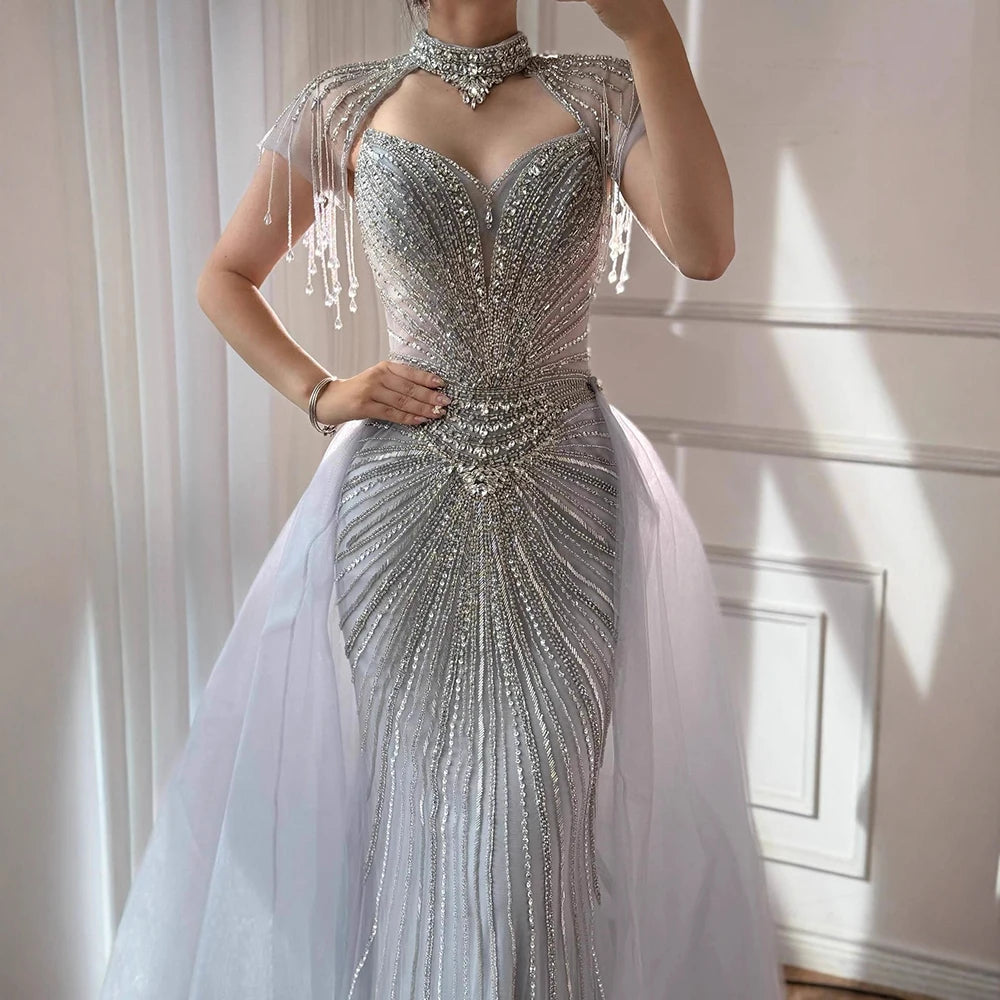 Luxury Nude Beaded Mermaid Evening Dress with Overskirt LA73182 - SERENE HILL