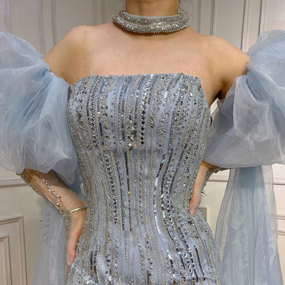 Luxury Dubai Arabic Blue Mermaid Balloon Sleeves Beaded Evening Dresses LA71823 - SERENE  HILL
