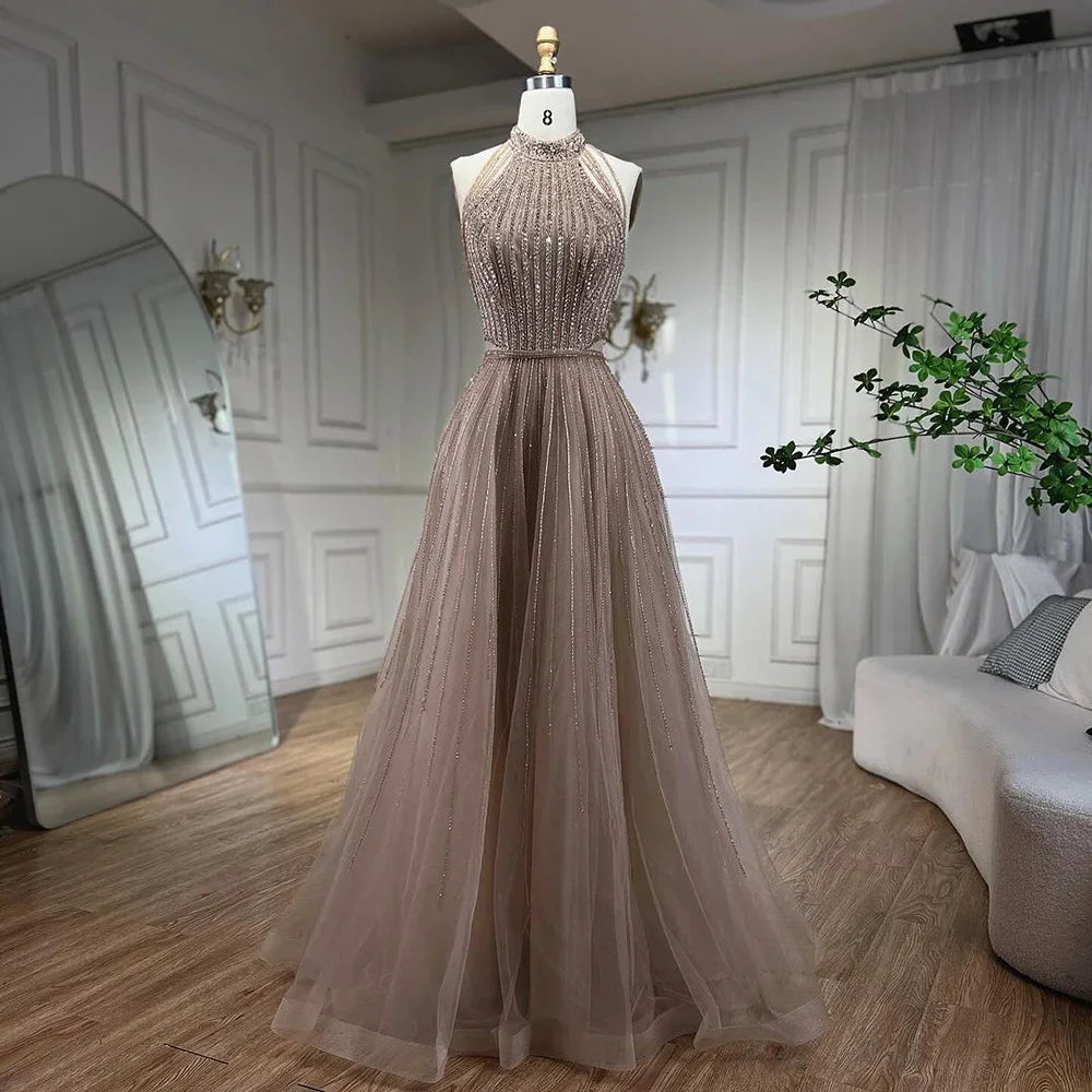Luxury Arabic Blue Sequin Tassel Halter A Line Evening Dress LA72227 - SERENE HILL