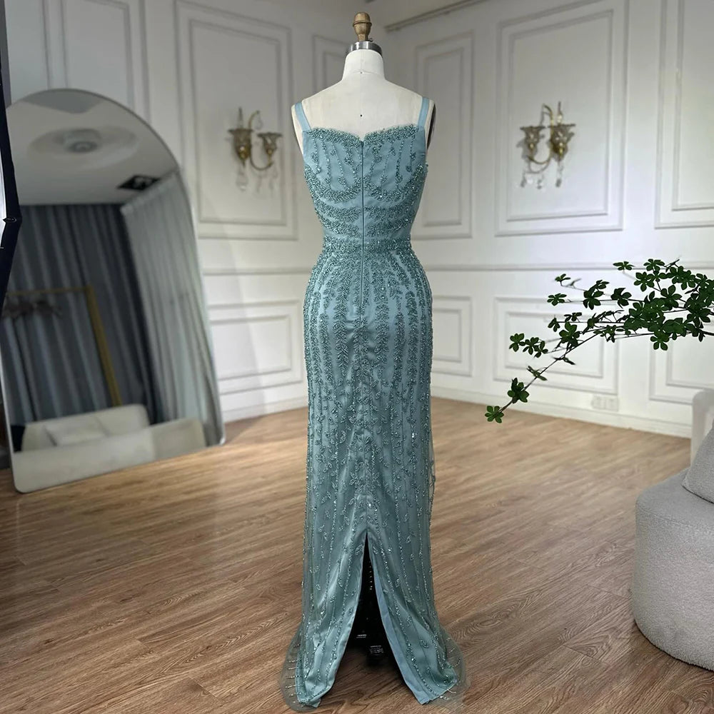 Luxury Arabic Blue Spaghetti Strap Mermaid Evening Dress Beaded LA72725 - SERENE HILL