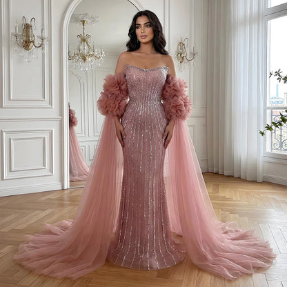 Luxury Pink Beaded Mermaid Arabic Evening Dress with Cape LA73019