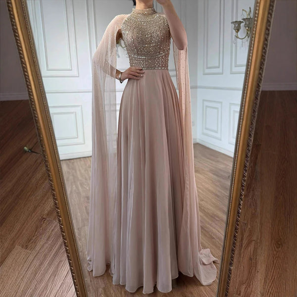 Luxury Caramel Chiffon Beaded Evening Dress with Cape LA73144