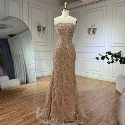 Luxury Nude Beaded Evening Dress with Cape Sleeves LA72824 - SERENE HILL