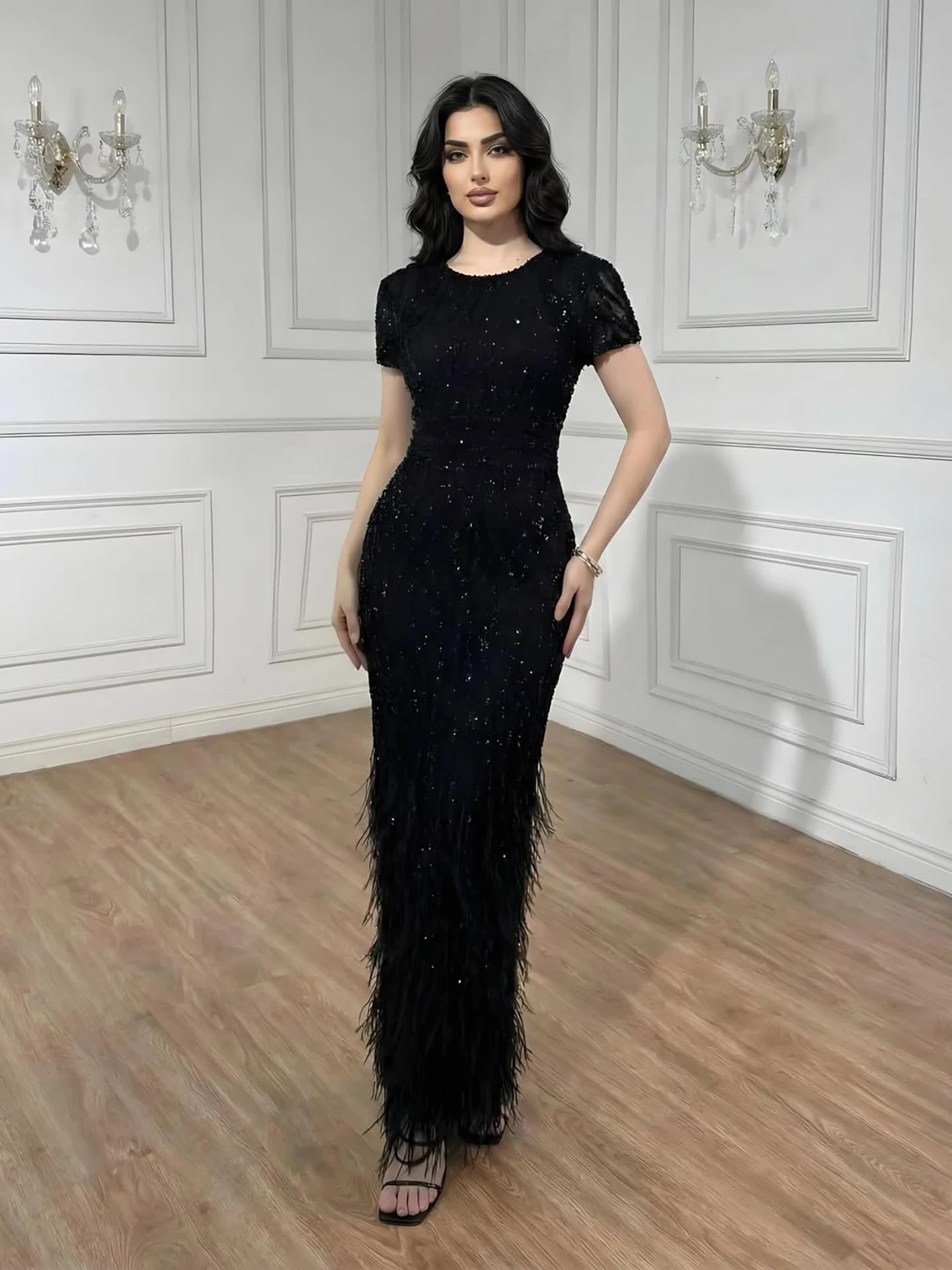 White Nude Ankle Length Beaded Evening Dress with Feathers LA72076A - SERENE HILL