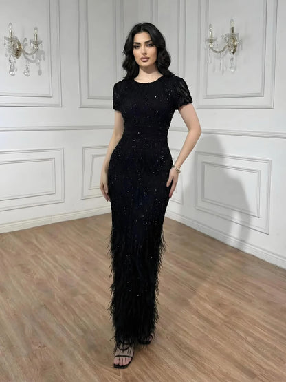 White Nude Ankle Length Beaded Evening Dress with Feathers LA72076A - SERENE HILL