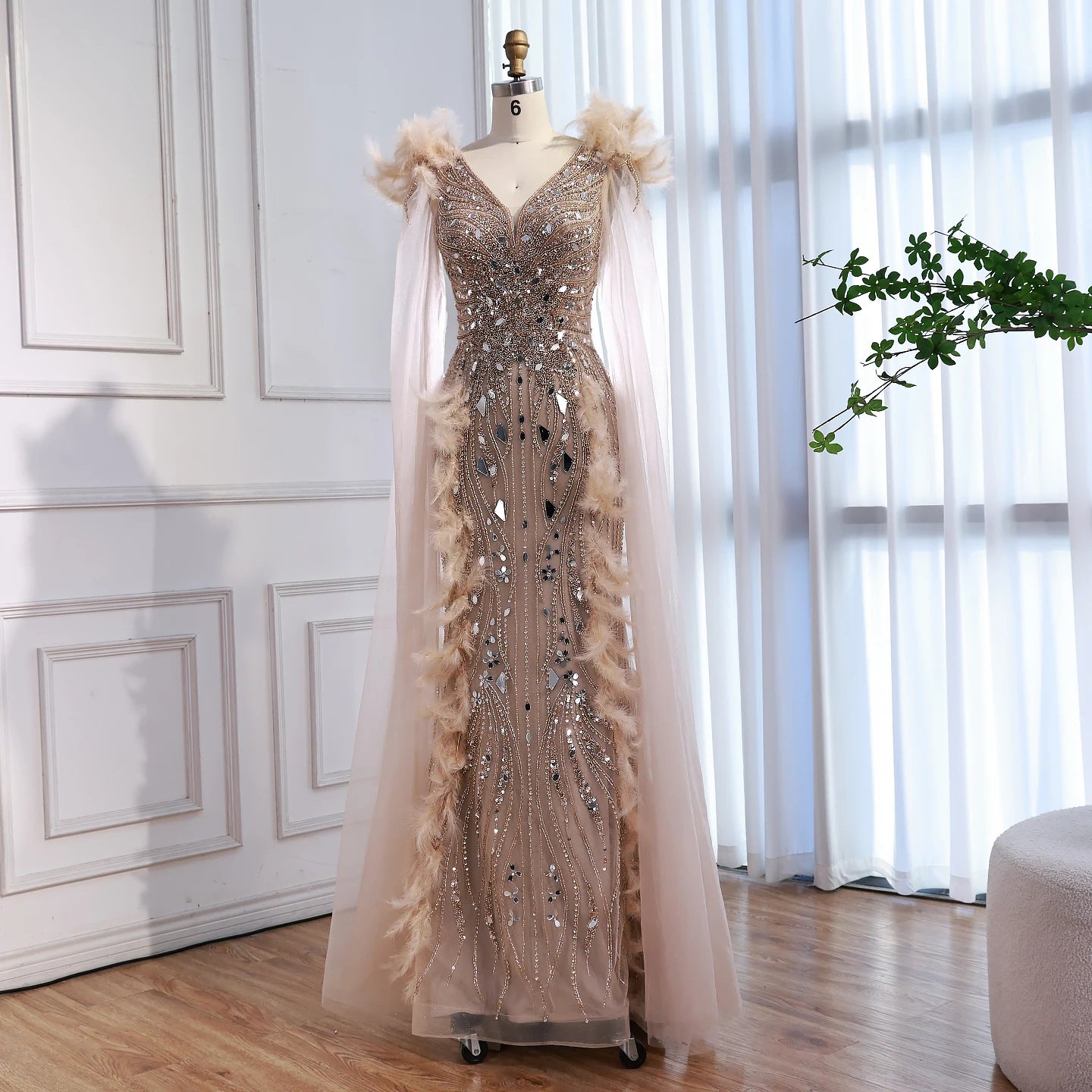Luxury Caramel Feather Mirror Beaded Mermaid Evening Dress With Cape LA73328 - SERENE HILL