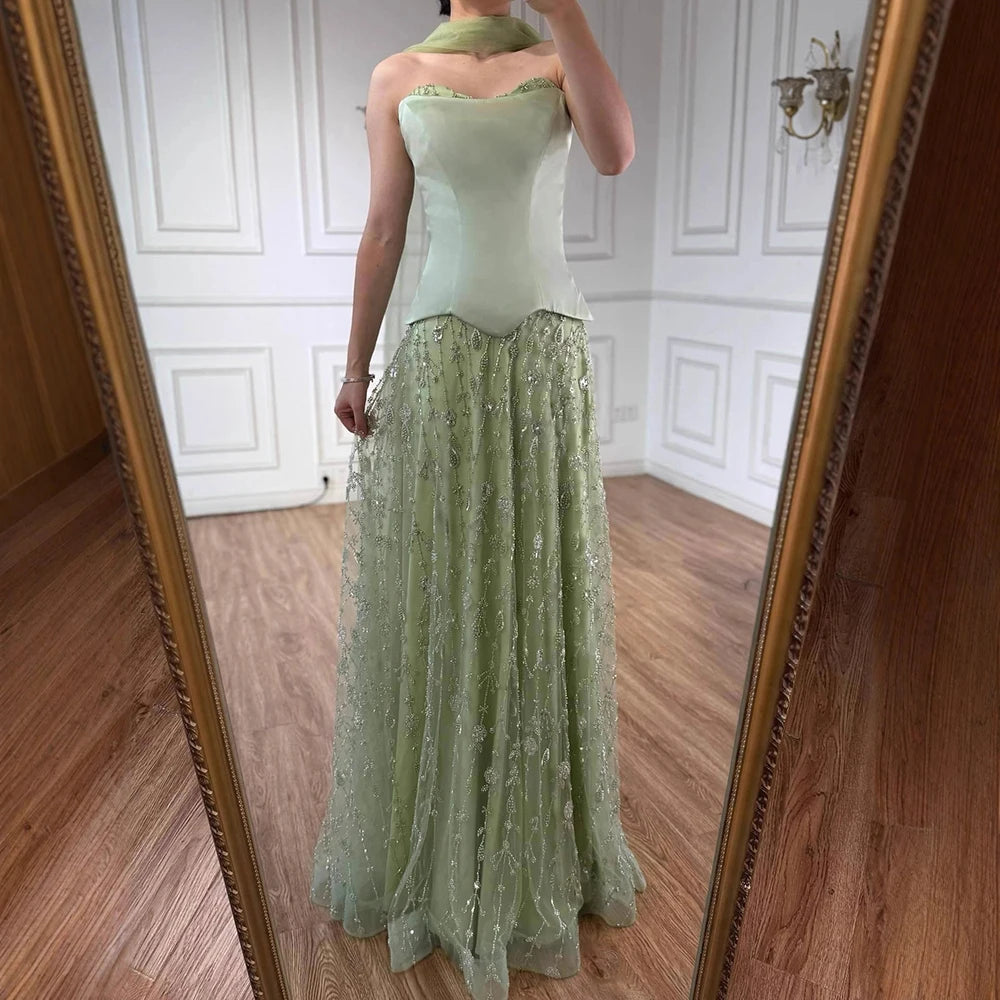 Luxury Sage Green and Pink Arabic Beaded Evening Dress LA72805D - SERENE HILL