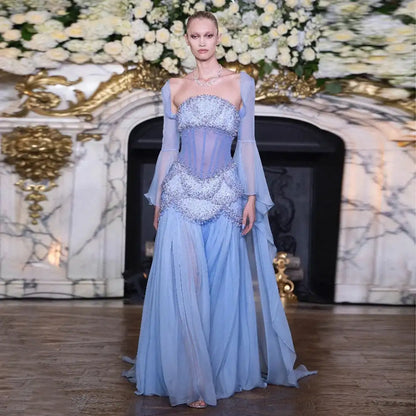 Luxury Blue Evening Dress with Pearls Tassels and Flowing Coat LA72978A - SERENE HILL
