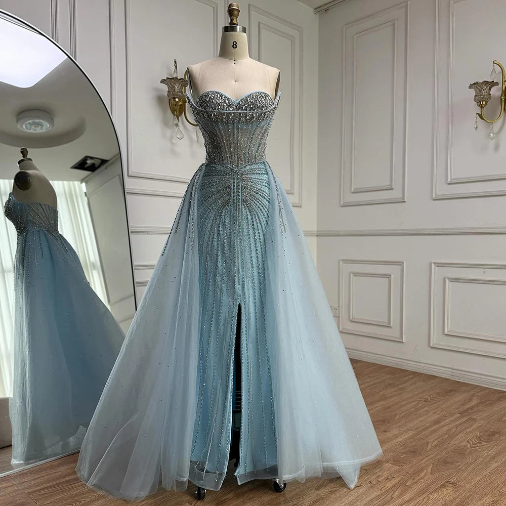 Luxury Dubai Nude Beaded Mermaid Evening Dress with Overskirt LA72811 - SERENE HILL