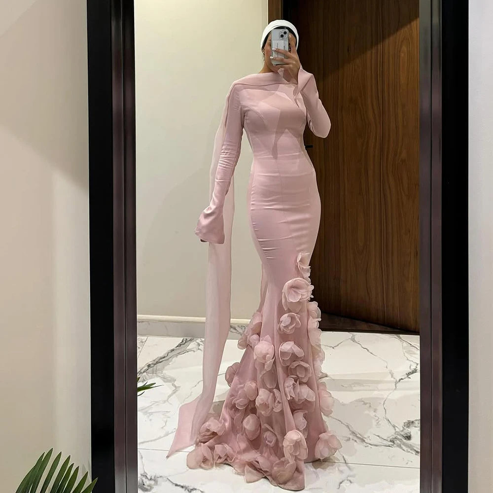 Luxury Pink 3D Flower Evening Dress Long Sleeves LA72954 - SERENE HILL