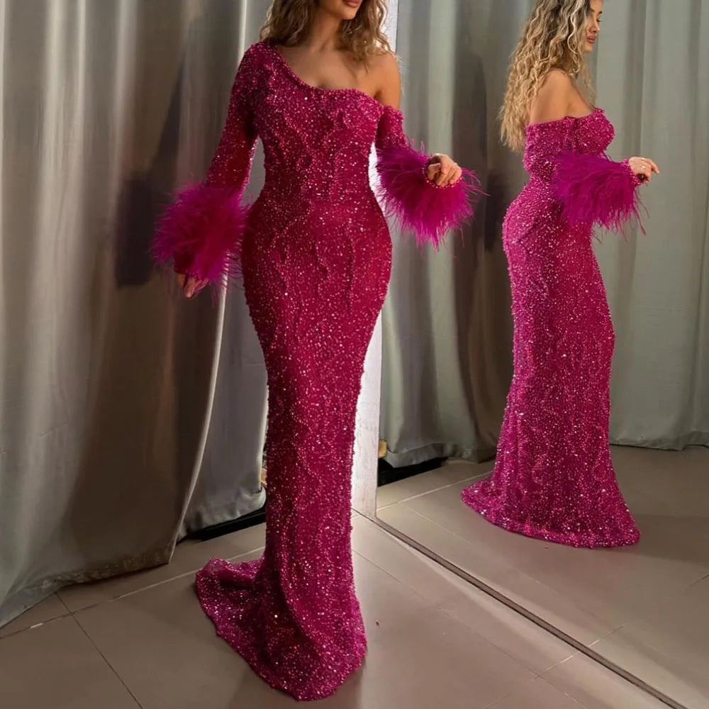Royal Blue One-Shoulder Mermaid Evening Dress with Beads &amp; Feathers LA72395 - SERENE HILL