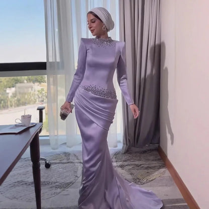 Luxury Muslim Modest Lilac Beaded Long Sleeve Evening Dress LA73093 - SERENE  HILL