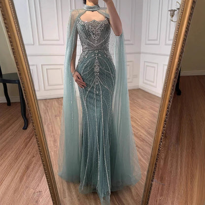 Luxury Dubai Nude Mermaid Evening Dress with Cape Sleeves LA73195 - SERENE HILL
