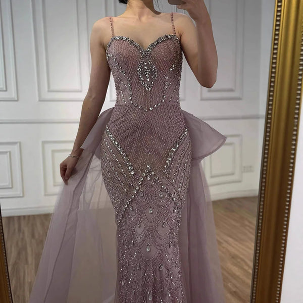 Luxury Pink Crystal Beaded Mermaid Evening Dress with Overskirt LA73143