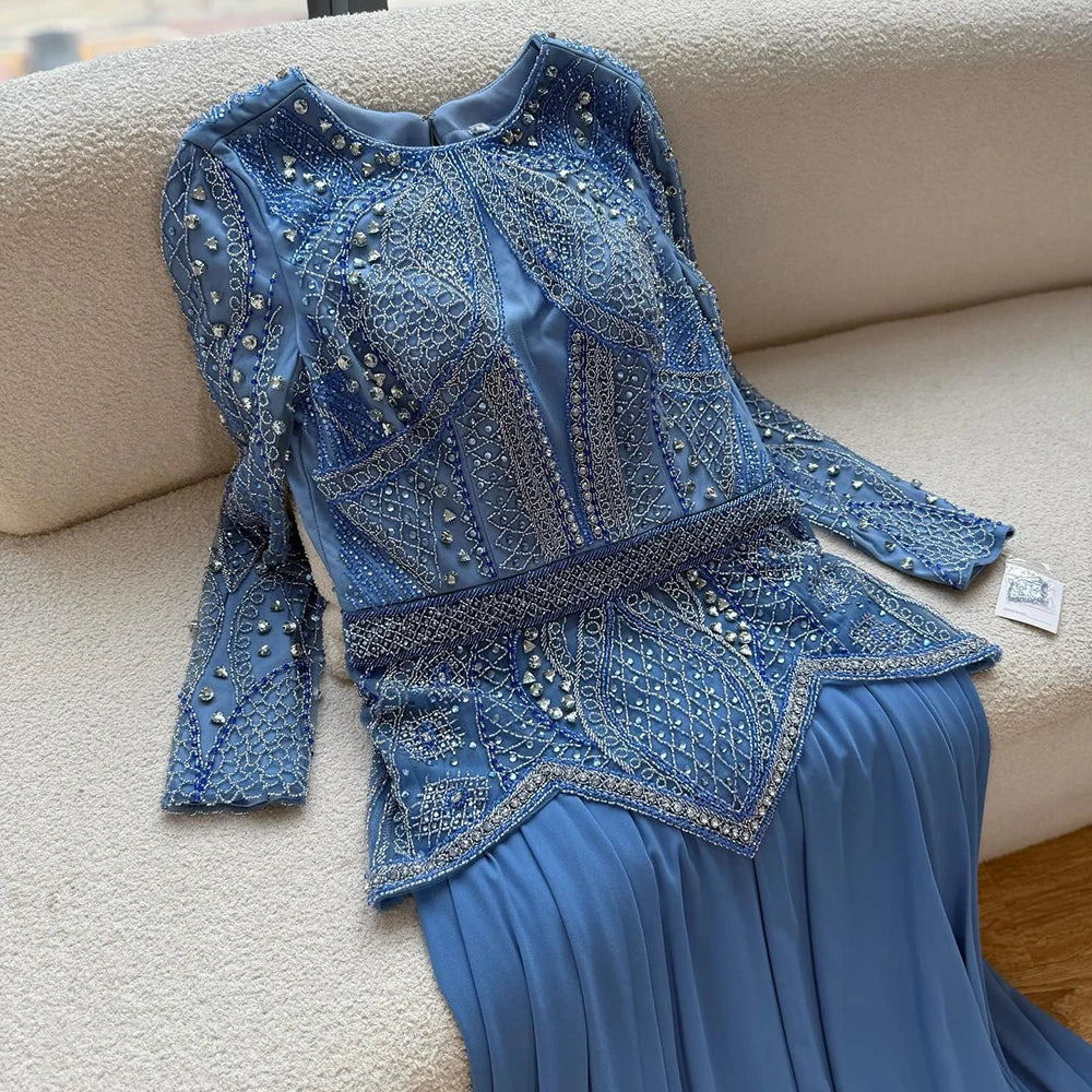 Luxury Designer Blue Beaded Evening Dress with Long Sleeves LA72962 - SERENE HILL