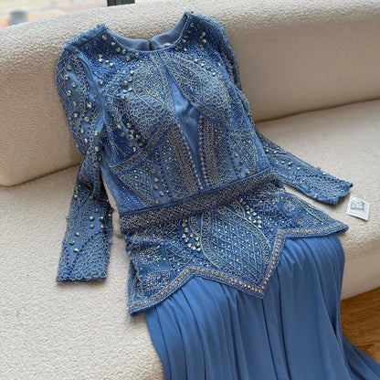 Luxury Designer Blue Beaded Evening Dress with Long Sleeves LA72962 - SERENE HILL