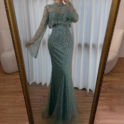 Luxury Turquoise Two Pieces Beaded Mermaid Evening Dress with Detachable Top LA73095 - SERENE HILL