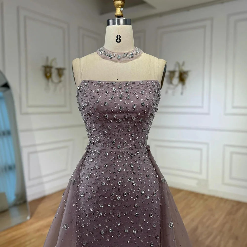 Luxury Arabic Pink Beaded Mermaid Evening Dress with Overskirt LA73084 - SERENE HILL