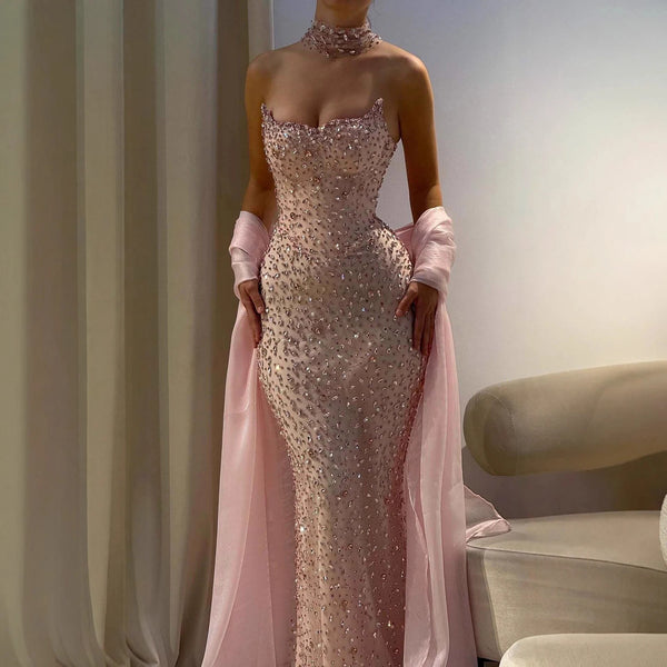 Luxury Pink Diamond Evening Dress with Cape Gown for Wedding Party LA73225